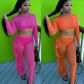 Y5183  亚马逊  欧美女装 时尚木耳边  透视  网纱 两件套