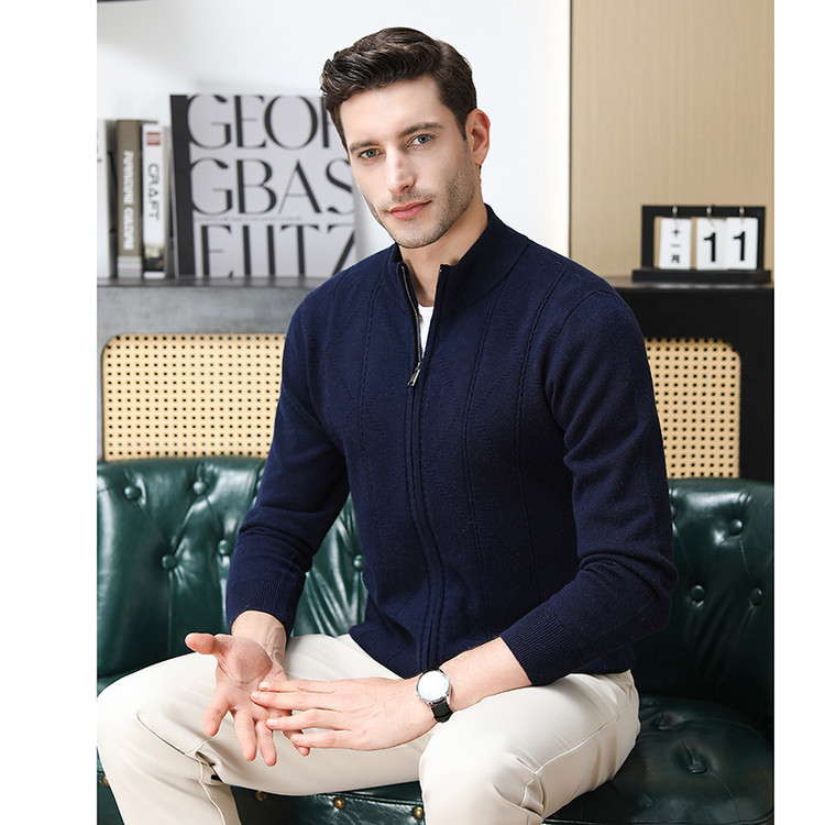 Hombres de mediana edad ligeros y casuales de cuello cremallera cardigan chaqueta de lana de invierno de otoño delgado suéter de punto de moda