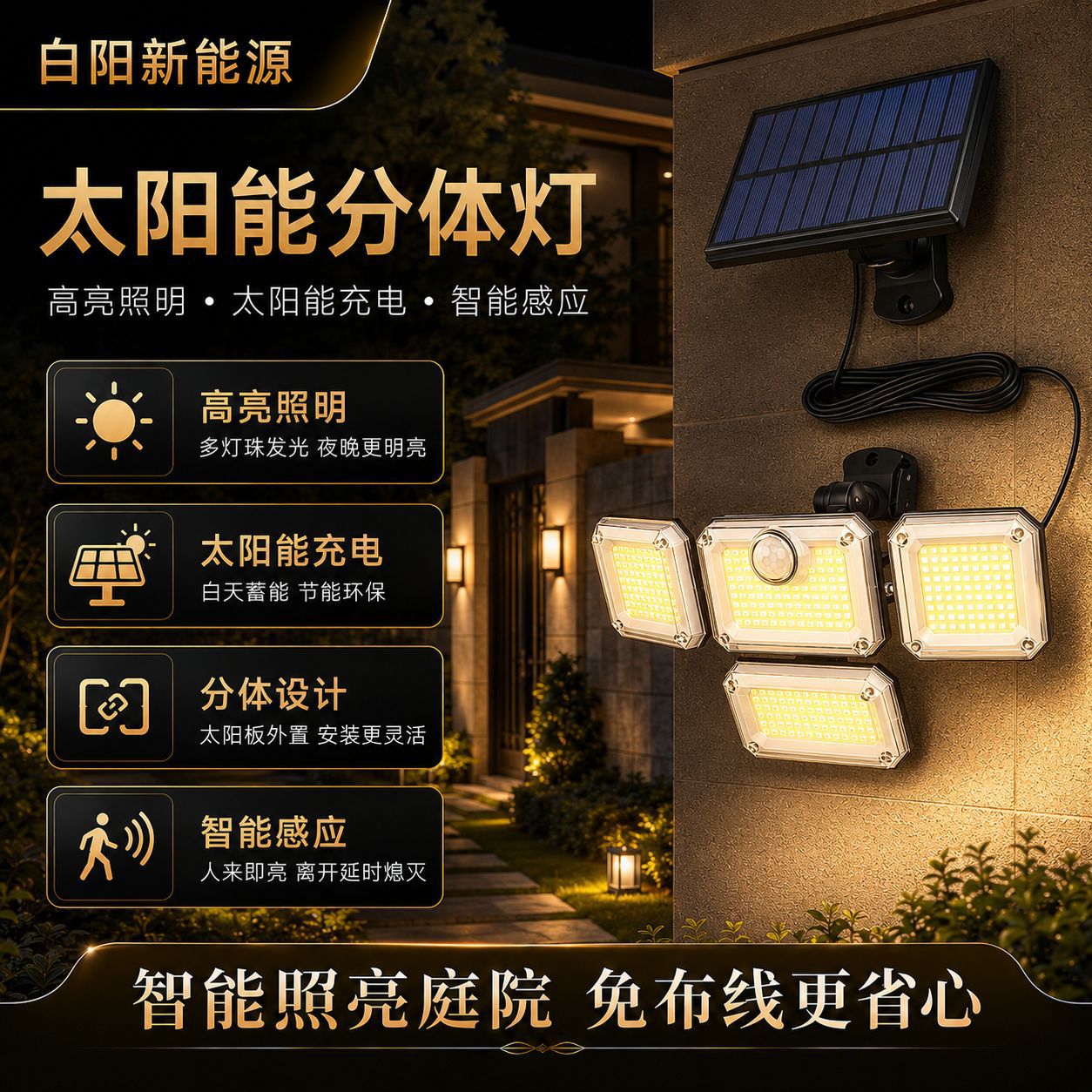 Iluminación solar para exteriores LED totalmente automática, luz con sensor de movimiento a prueba de agua, control remoto inteligente, luz de pared para el hogar