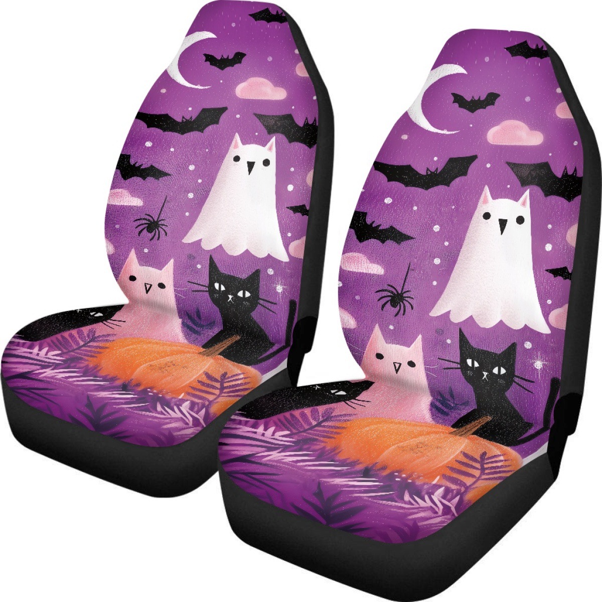 Cross-border Halloween-themed printed seat covers, featuring ghost and pumpkin designs, available for custom orders. Includes a set of two car seat protectors