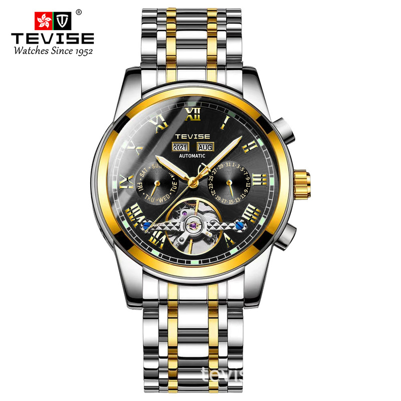 Tevise 9005 Perpetual Calendar Large Tourbillon Automatic Mechanical Watch 38mm Luminous Transparent Back Stainless Steel Men's Watch
