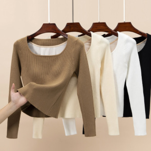 Square Collar with Chest Pad Long-sleeved T-shirt Women's Autumn and Winter New Sweater with Base Cup One-piece Slim Autumn Top