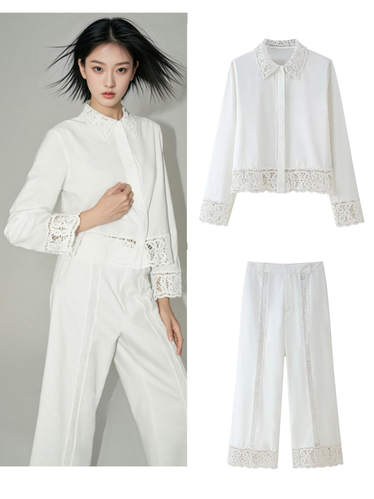 GraceChic 2025 Spring New Fashion Lace Hollow Out Set Women's Turn-Down Collar Shirt Mid-Waist Straight-Leg Pants_voghion.com