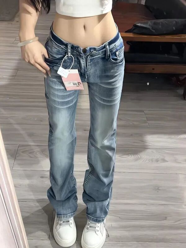 American Hot Girl Blue Trendy Cool Design Low-Waist Narrow Straight Jeans for Women Autumn and Winter New Slim and Versatile Pants