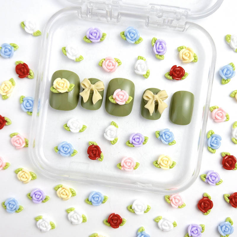 Mini Rose Bud Manicure Jewelry Simulation with Leaf Carved Diy Earrings Wear Armor Accessories Wholesale