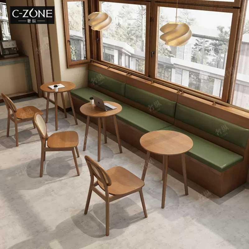 定制中古风咖啡厅桌椅组合甜品小吃店奶茶店桌椅餐厅靠墙卡座沙发