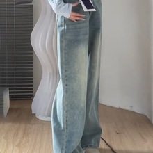 复古蓝直筒牛仔裤女秋季新款高腰胖mm大码显瘦梨形身材宽松阔腿裤