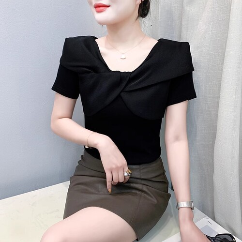 【40 Pieces Cozy Cotton Ribbed 1x1 T-shirt for Women Short Sleeve 2025 Summer Design-Filled Tie-Up Top Trendy】