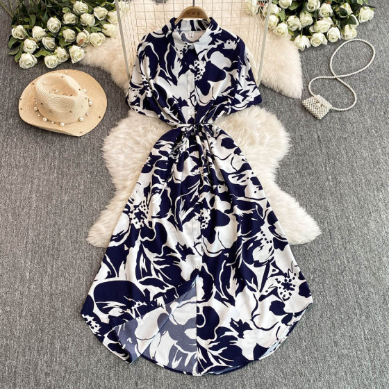 European and American Printed Short-sleeved dress Women's Autumn Polo Collar Strap Waist Design Niche Chic Elegant Long Dress