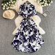 European and American Printed Short-sleeved dress Women's Autumn Polo Collar Strap Waist Design Niche Chic Elegant Long Dress