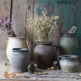 粗陶陶罐坛子插干花花瓶陶艺制品手工仿古土陶罐花盆黑陶红陶家居