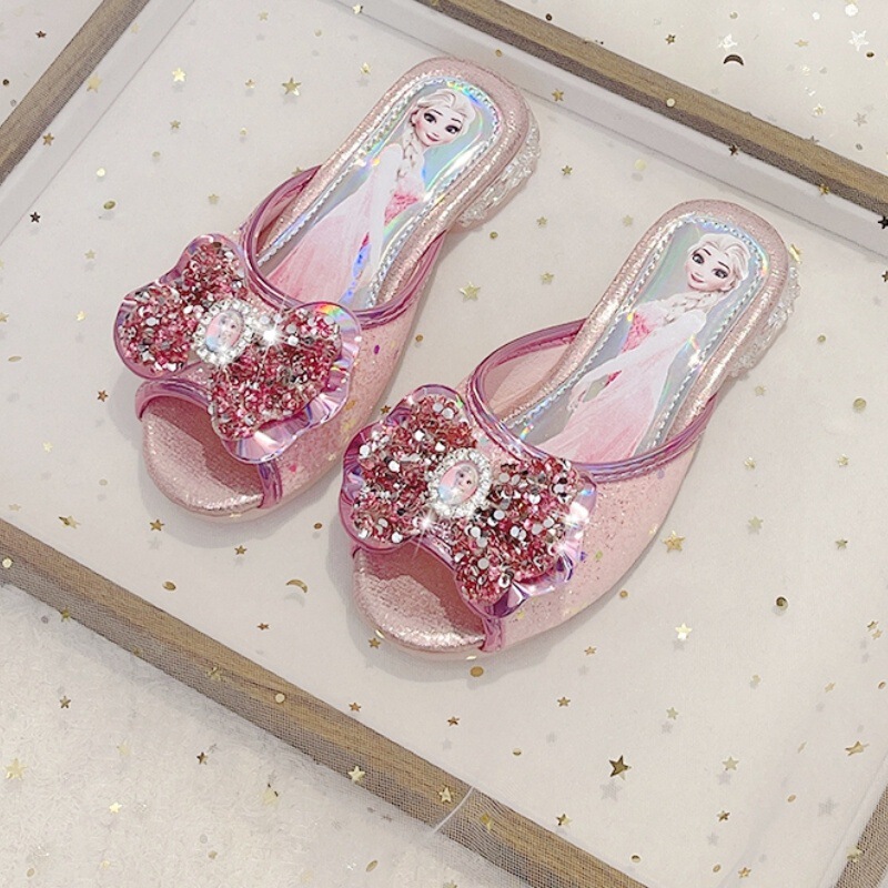 Girls' Fashion High-Heeled Elsa Princess Sandals 2026 Summer New Model Girls' Bowknot Shiny Peep-Toe Slide Sandals Girls' Fashion High-Heeled Elsa Princess Sandals 2026 Summer New Model Girls' Bowknot Shiny Peep-Toe Slide Sandals