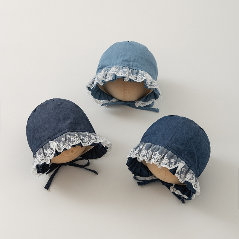 Sombrero de bebé primavera y otoño princesa sombrero de corte recién nacido encaje protector de oído sin hueso de invierno a prueba de viento