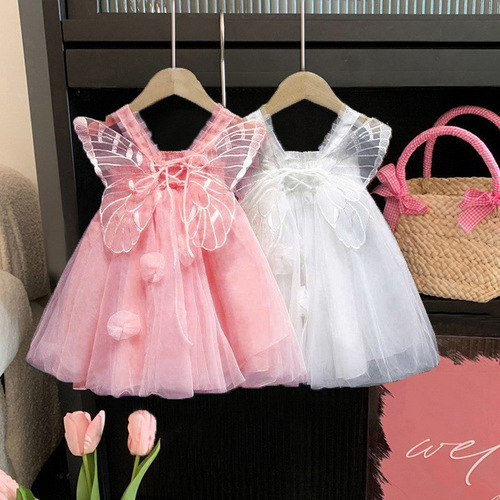 Girls summer dress children's clothing mesh children's princess dress fairy dress birthday dress wings puff skirt
