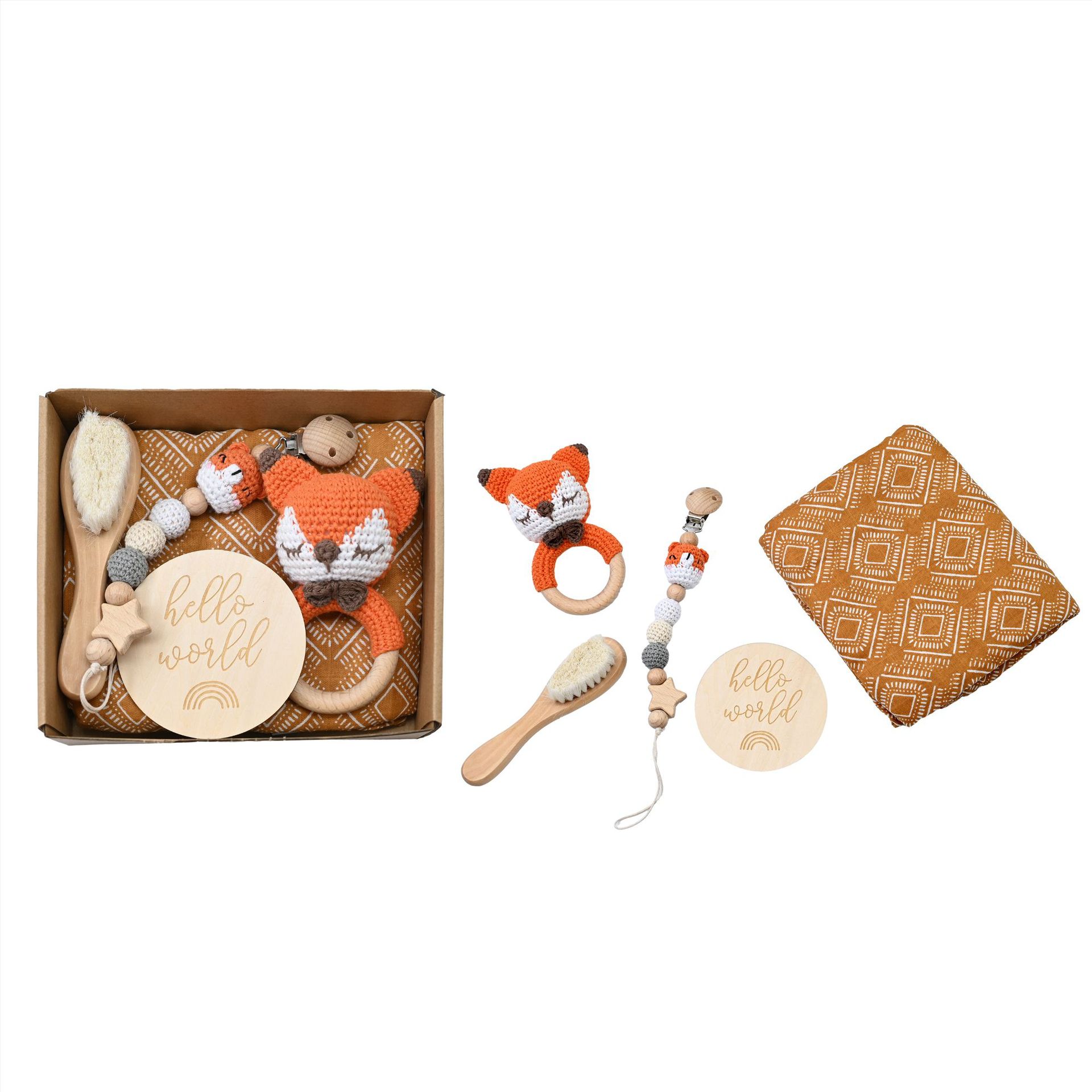 Animales explosivos bebés crochet set de madera de campana caja de regalo de nacimiento tetina cadena bebés de luna llena regalo