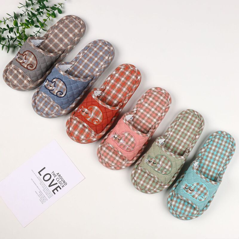 Cartoon Sleeping Cat Korean Style Couple Cloth-Soled Rubber Men's and Women's Three-Layer Wooden Floor Slippers Fabric All-Season Slippers