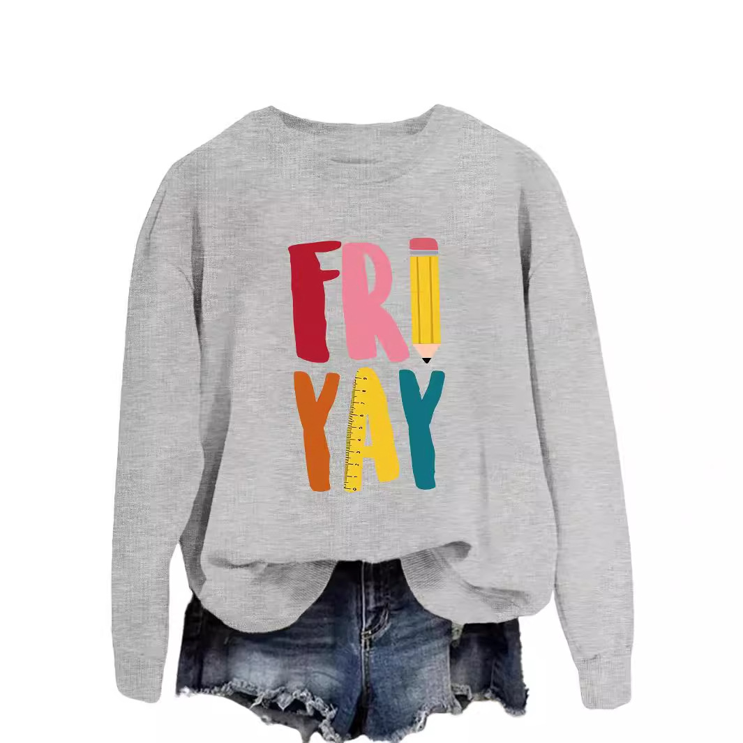Estación independiente de moda Suelta todo fósforo superior FRI YAY lápiz divertido carta de impresión camisa de manga larga de las mujeres suéter