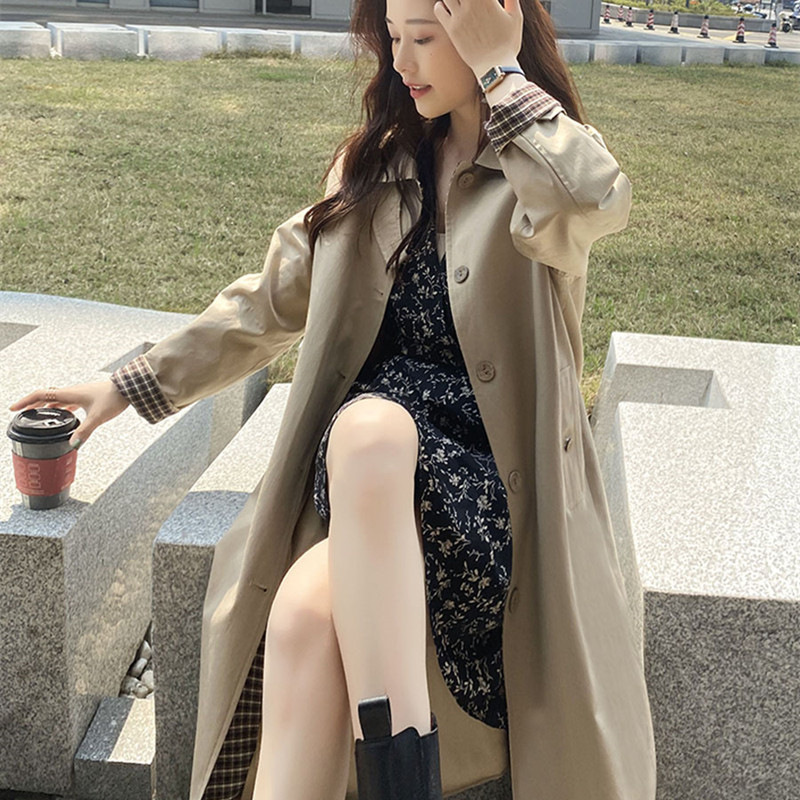 Cross-border Coat Women's Autumn and Winter 2024 New Plaid Stitching Mid-length Small Loose All-match Draping Coat