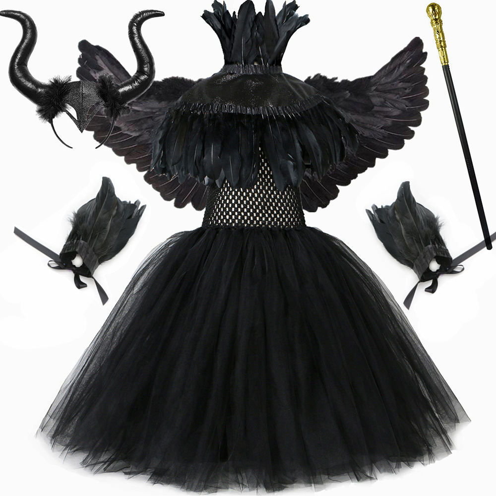 Ropa para niños Vestido de bruja maléfica Capa de plumas Disfraz de Halloween para niños Vestido de malla negro para niña gótica_voghion.com