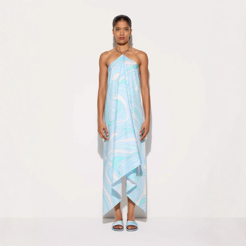 Cross-Border Independent Website 2025 New European and American Style Printed Satin Simple Style Printed Halter Neck Long Dress Irregular Dress Cross-Border Independent Website 2025 New European and American Style Printed Satin Simple Style Printed Halter Neck Long Dress Irregular Dress