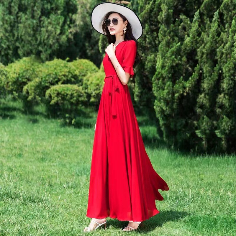 Chiffon Dress 2026 Summer New Style Red Flared Slimming Beach Maxi Dress Ultra-Long Travel Vacation Fairy Dress