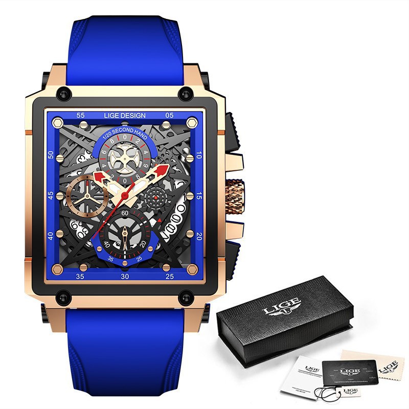 LIGE 8935 cinta deportiva placa cuadrada personalizada creativa cuarzo hueco fresco reloj de los hombres calendario