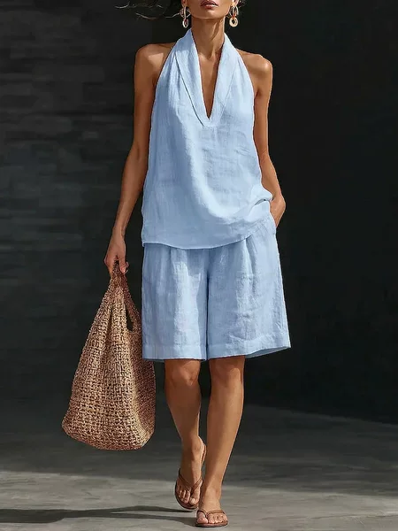 2026 Amazon Independent Site European and American Cross-Border Spring and Summer New Cotton and Linen Fashion Casual Vest Shorts Set for Women