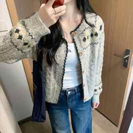 费尔岛灰色毛衣针织开衫外套上衣女2026新款韩系巨好看的早秋穿搭