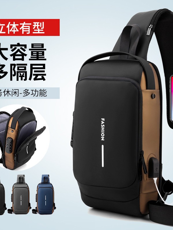 Bloqueo de contraseña anti-robo bolso de pecho de hombre mochila de motocicleta mochila deportiva al aire libre interfaz USB bolso de pecho mochila deportiva