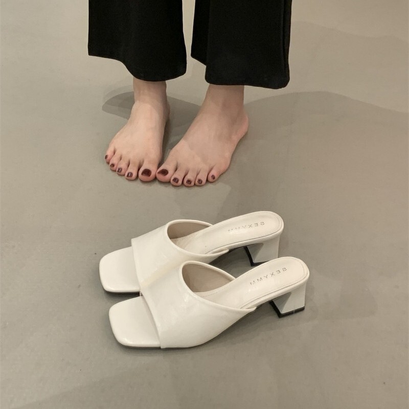 Super Soft~! the Owner Keeps a Pair for Himself! Minimalist Off-White Open-Toe Block Heel High-Heeled Sheepskin Sandals
