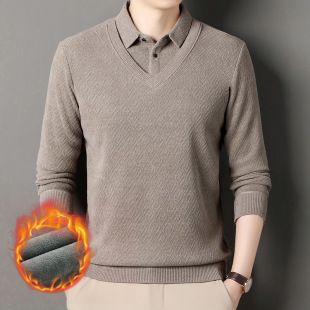 Fleece-Lined Thick Men's Sweater, Faux Two-Piece Long-Sleeve Base Shirt Collar T-Shirt, Everyday Casual Long-Sleeve Thick Sweater