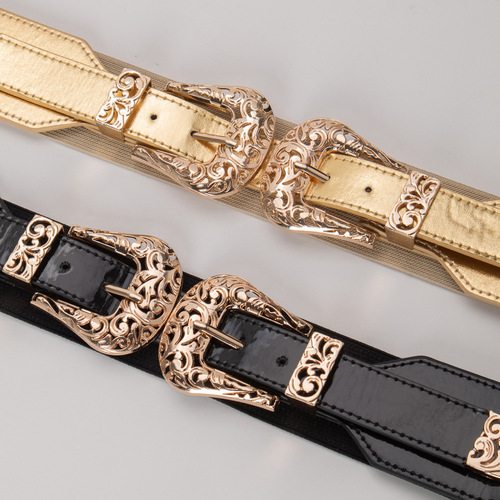 Black retro carved hollow double buckle wide belt double buckle elastic elastic waistband versatile waistband women's accessories