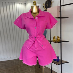 ヨーロッパとアメリカのクロスボーダー婦人服 2025 夏の新ファッションラペル半袖デニムトップワイドレッグローエッジショーツスーツ