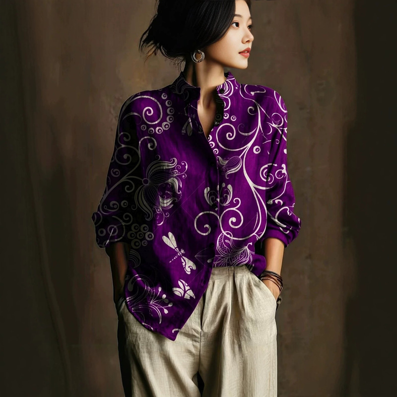 European and American retro-style long-sleeved shirt for women, loose fit, slimming effect, printed top, elegant, suitable for work, versatile, and casual European and American retro-style long-sleeved shirt for women, loose fit, slimming effect, printed top, elegant, suitable for work, versatile, and casual