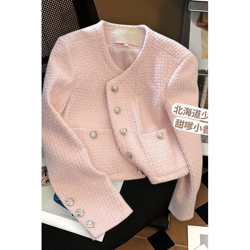 Pink Short Jacket for Women, Autumn New French-Style High-End Socialite Temperament Korean Tweed Top