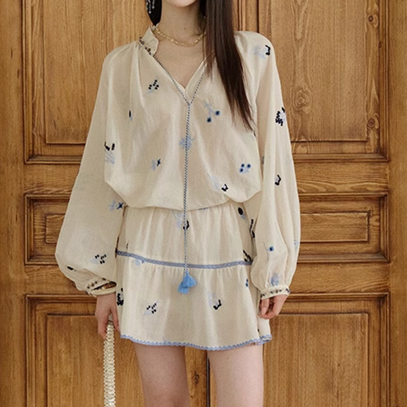 Spot Capri Seaside Resort Style Pure Cotton Embroidered Shirt and Skirt Suit for Women with Lantern Sleeves and Two Pieces