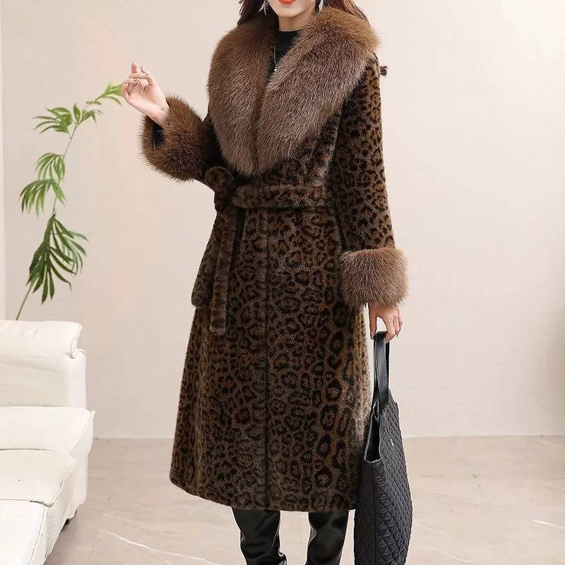 Women's Winter Long Coat, Leopard Pattern Mid-Length, Belted, Sizes L–4XL