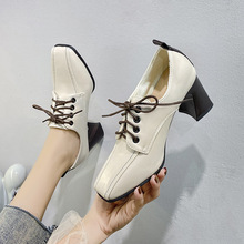 秋季新款高跟鞋女英伦风方头粗跟小皮鞋时尚系带浅口单鞋