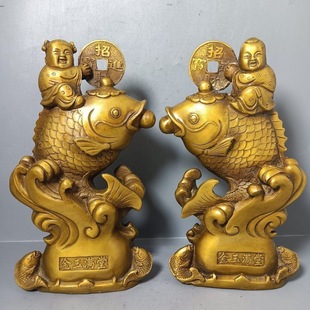 Brass Golden Boy and Girl Ornaments with Gold and Jade, Fish and Wealth Every Year, Children's Wedding Gifts t