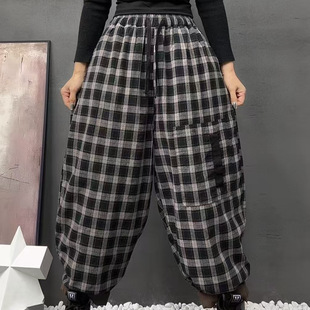 2024 Winter Korean Style Loose Retro Style Plaid Cotton Stretch Waist Harlan Pants All-match Warm Cotton Pants Women's 8902