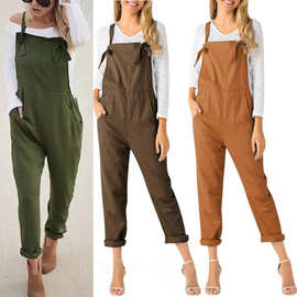 eBay欧洲站女装背带裤 夏季大码军扣头连体裤长裤女装