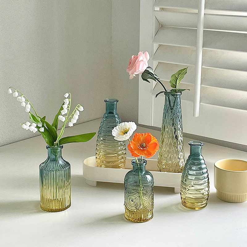 European-inspired, Instagram-style, retro literary, transparent glass flower vase with a small mouth, suitable for living room dry flowers, dining table decoration