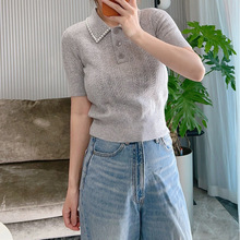 现货厂家清仓 珍珠边翻领羊毛羊绒短袖上衣2024春秋短款针织衫女