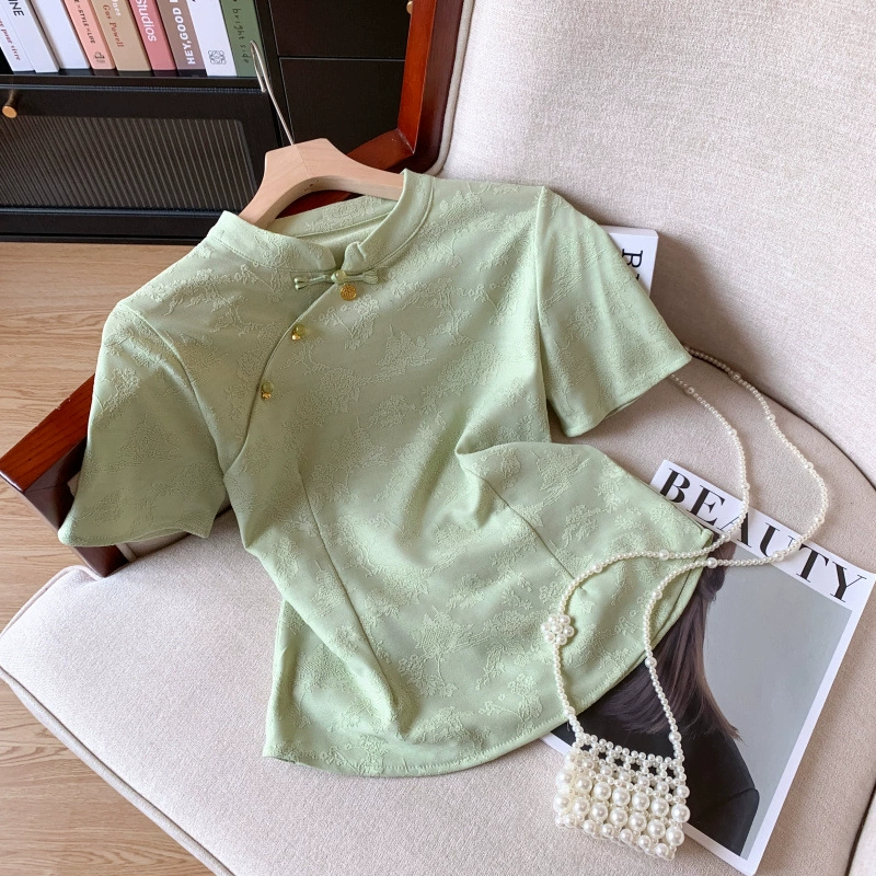 Новые женские топы в китайском стиле, футболки с короткими рукавами и воротником-стойкой в ​​китайском стиле, женские летние свободные атласные рубашки с пряжкой и вышивкой.