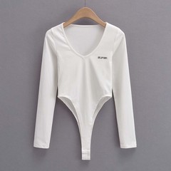 Euro-American style V-neck letter-print long-sleeve high-split bodysuit | Ins-style trendy, figure-flattering, stretchy base layer top