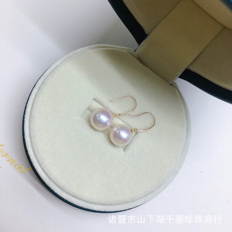 천연 담수 ZHUJI 진주 귀고리 10-11MM 완벽한 둥근 밝은 빛 완벽한 귀걸이 18K 금 강한 빛 기질