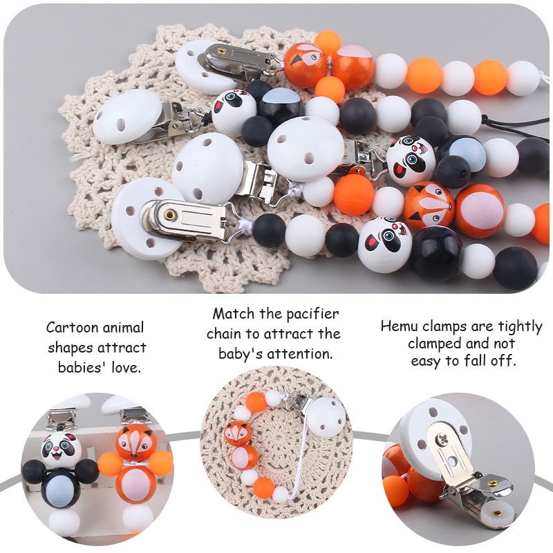 Nuevo bebé suministros de dibujos animados animal chupete cadena calmante bebé cuentas de silicona DIY juguete cadena a prueba de mordeduras