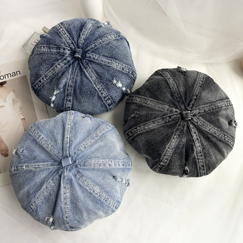 Retro coreano hace viejos agujeros vaqueros boina de mujer cabeza grande cara pequeña gorra gorra pintora gorra universal