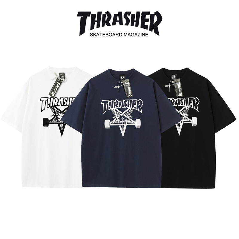 Trendy Thrasher Flame Round Neck Short-Sleeved Trendy Brand Men's and Women's Couple T-Shirts Loose Horn Racing Print Tops
