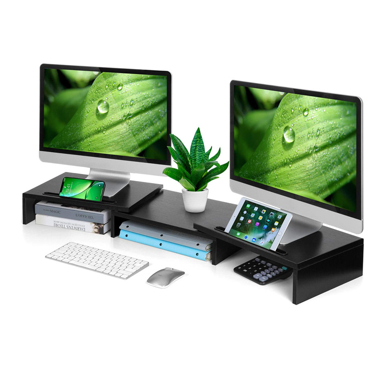 Fabricante en stock de madera de doble pantalla monitor de ordenador soporte de almacenamiento de longitud ajustable estante de escritorio